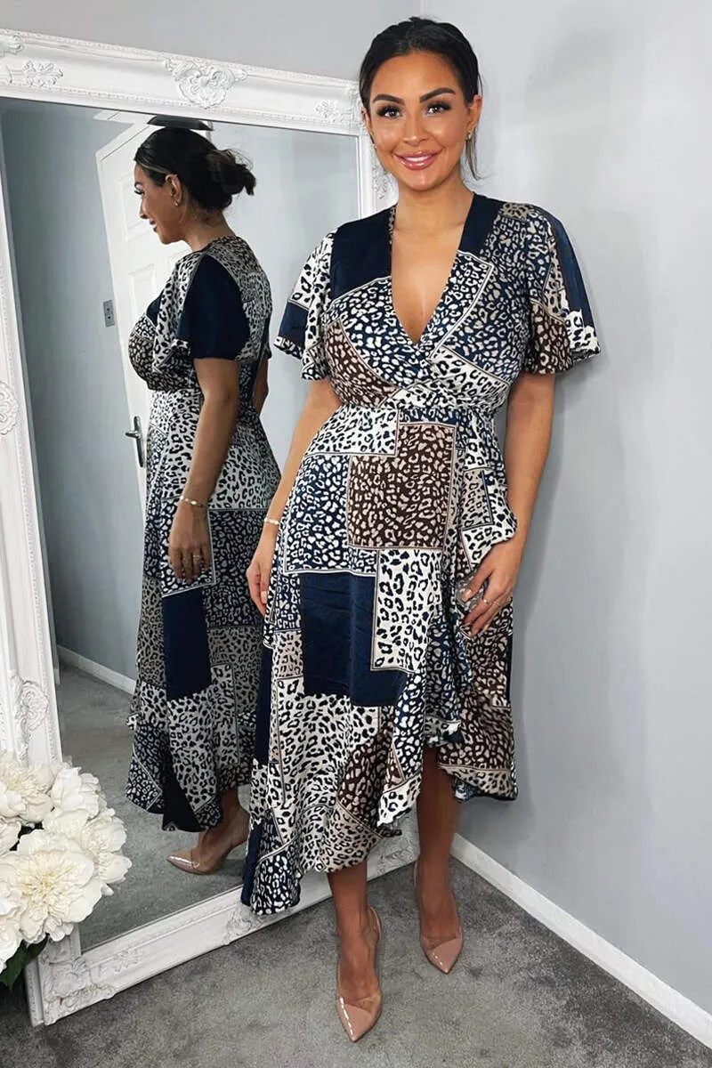 Navy Animal Print Patchwork Wrap Midi Dress sold by AX Paris product image thumbnail 3