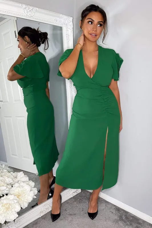 Green Ruched Split Leg Midi Dress sold by AX Paris