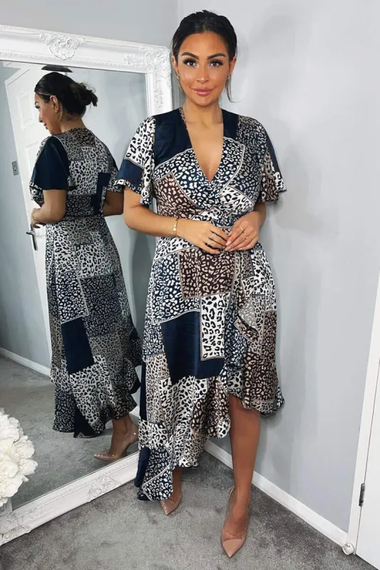 Navy Animal Print Patchwork Wrap Midi Dress sold by AX Paris