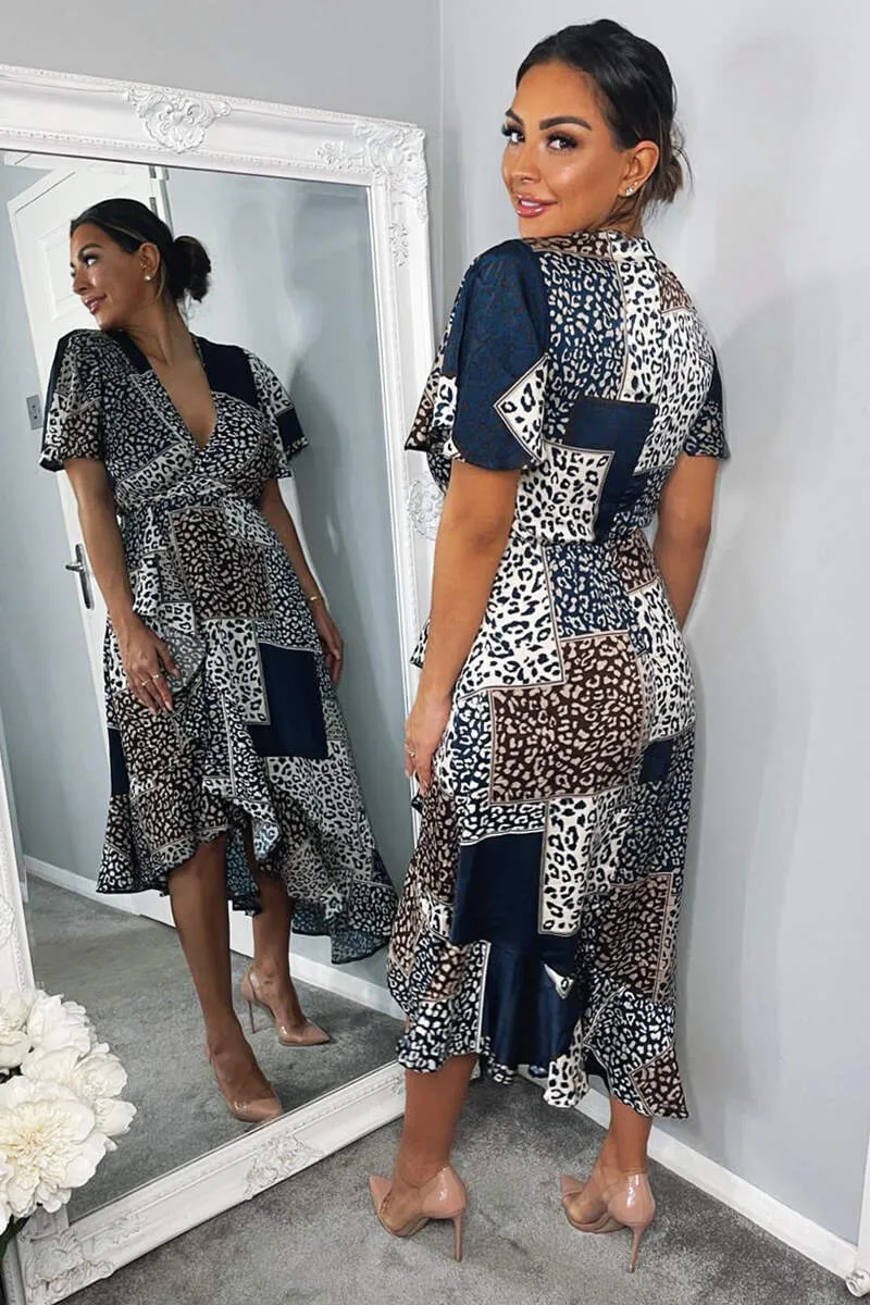 Navy Animal Print Patchwork Wrap Midi Dress sold by AX Paris product image thumbnail 2