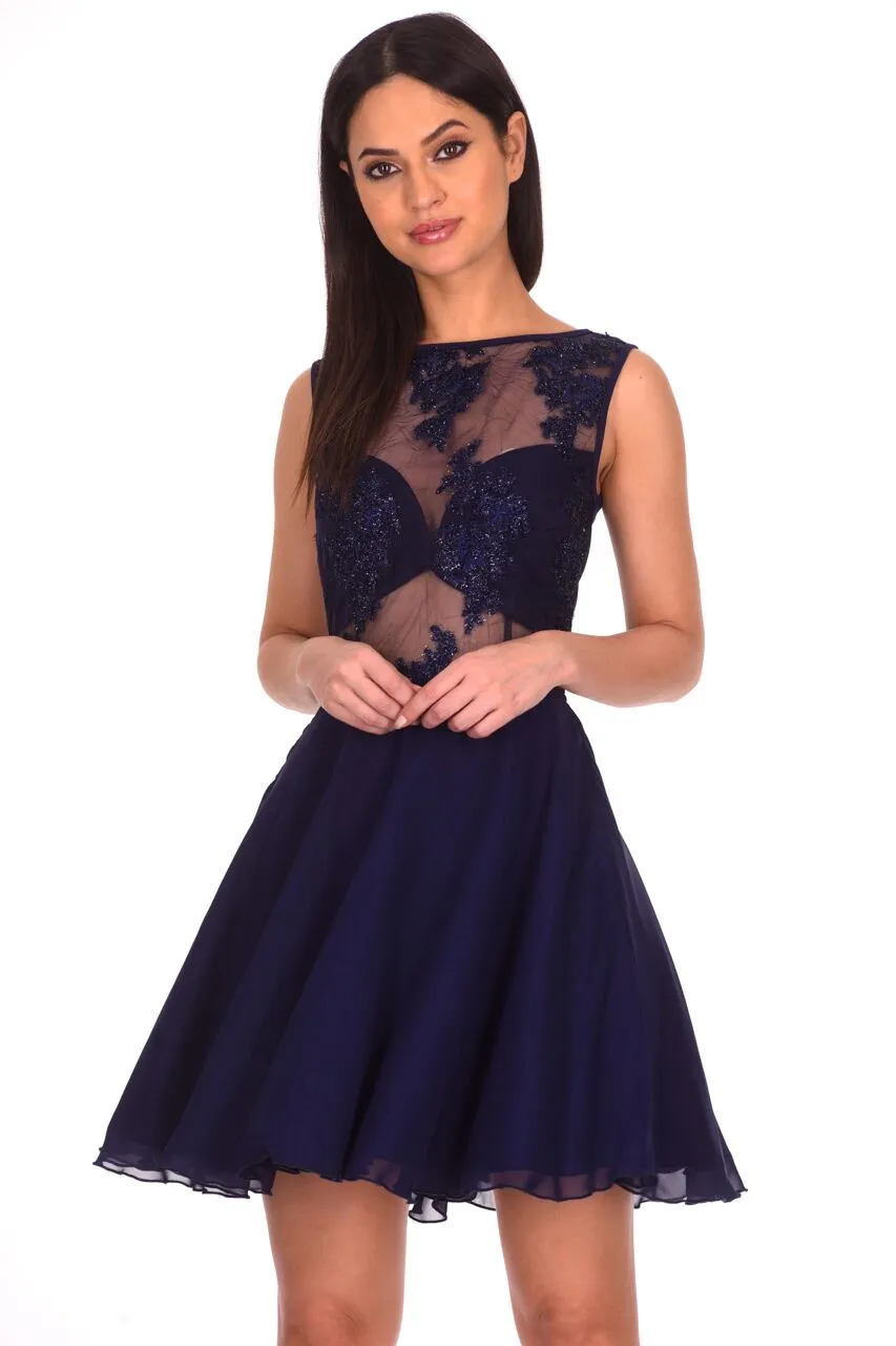 Navy Embroidered Mesh Skater Dress sold by AX Paris