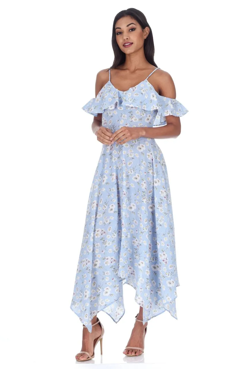 Blue Floral Cut Out Shoulder Dress sold by AX Paris