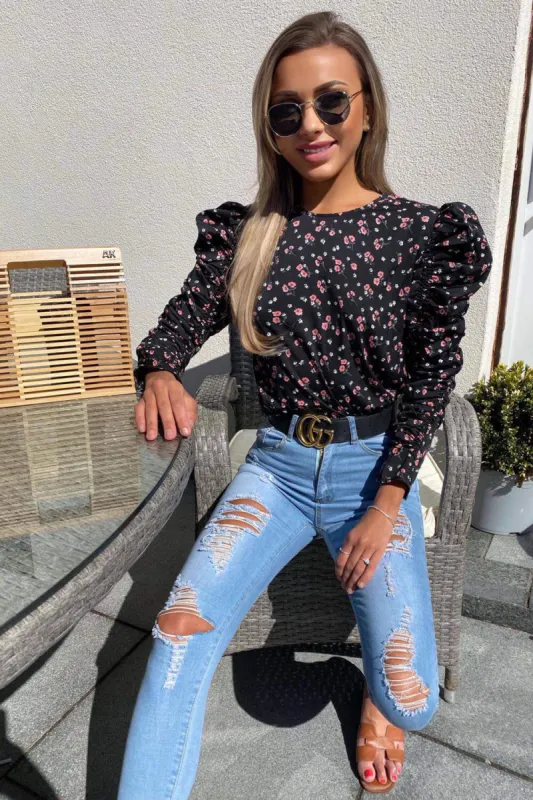 Black Floral Ruched Sleeves top sold by AX Paris