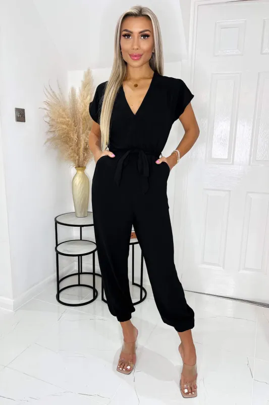 Black V Neck Short Sleeve Belted Elasticated Cuff Jumpsuit sold by AX Paris