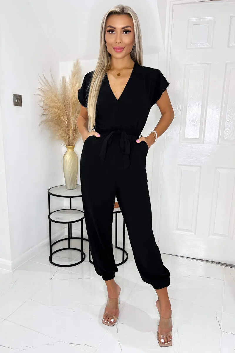 Black V Neck Short Sleeve Belted Elasticated Cuff Jumpsuit sold by AX Paris