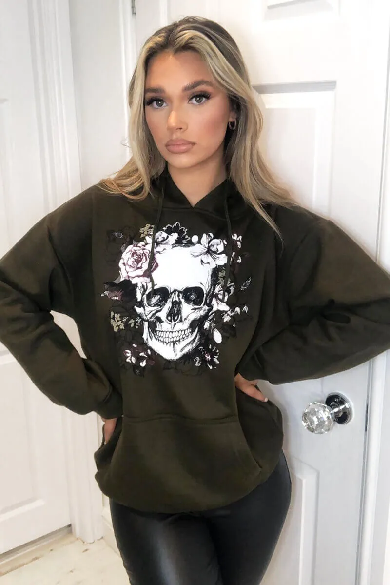Khaki Skull Printed Hoodie sold by AX Paris