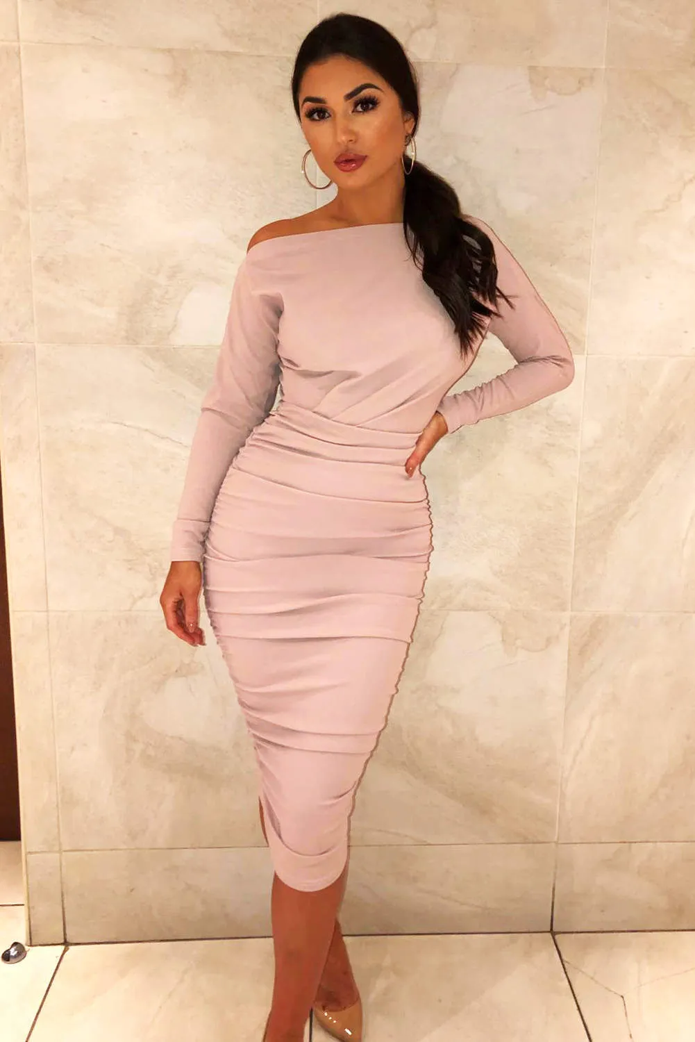 Mushroom Off Shoulder Ruched Dress sold by AX Paris