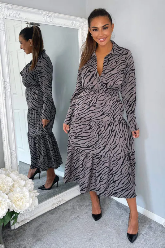 Grey Animal Print Button Up Midi Dress sold by AX Paris