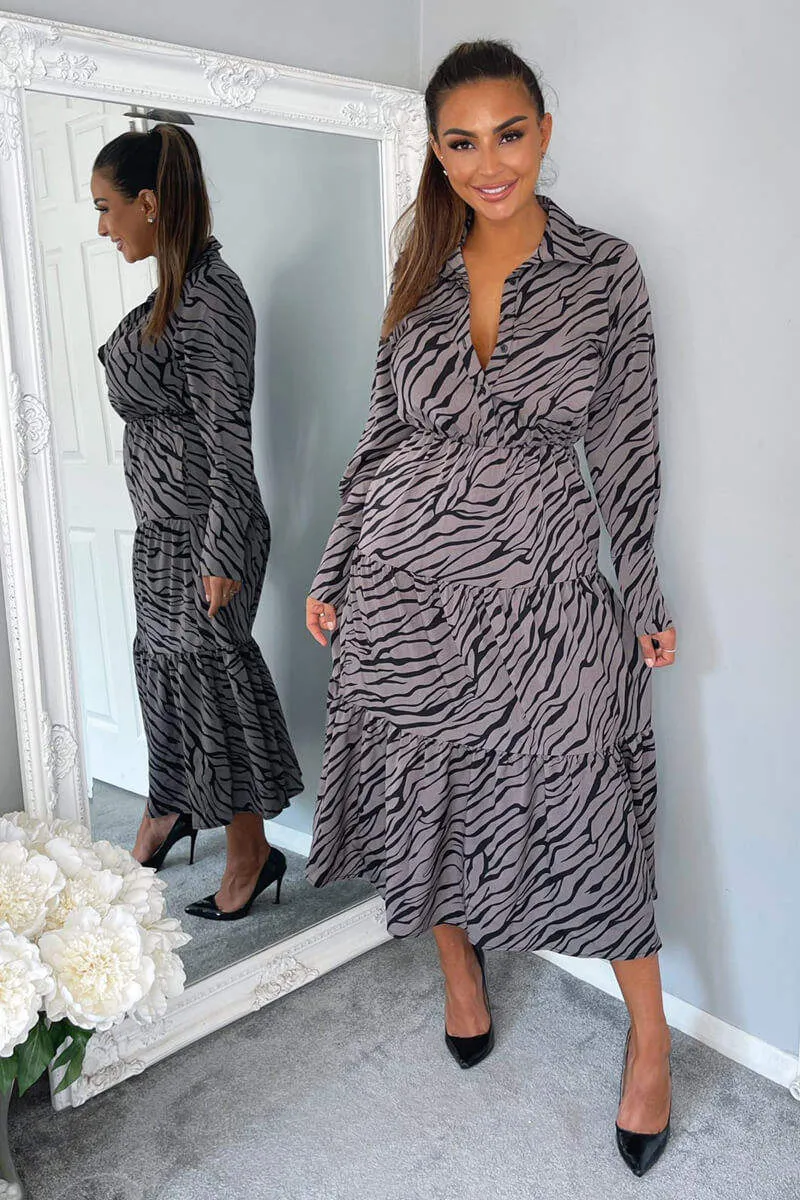 Grey Animal Print Button Up Midi Dress sold by AX Paris