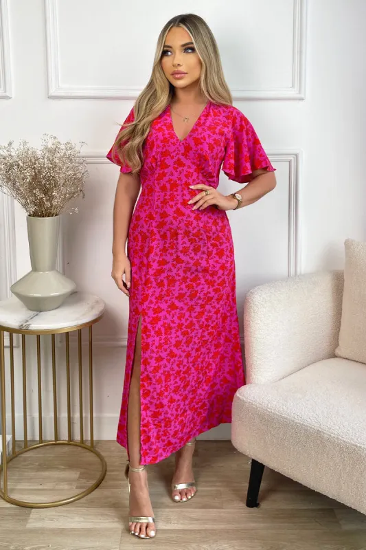 Pink And Red Floral Printed V-Neck Short Sleeve Midi Dress sold by AX Paris