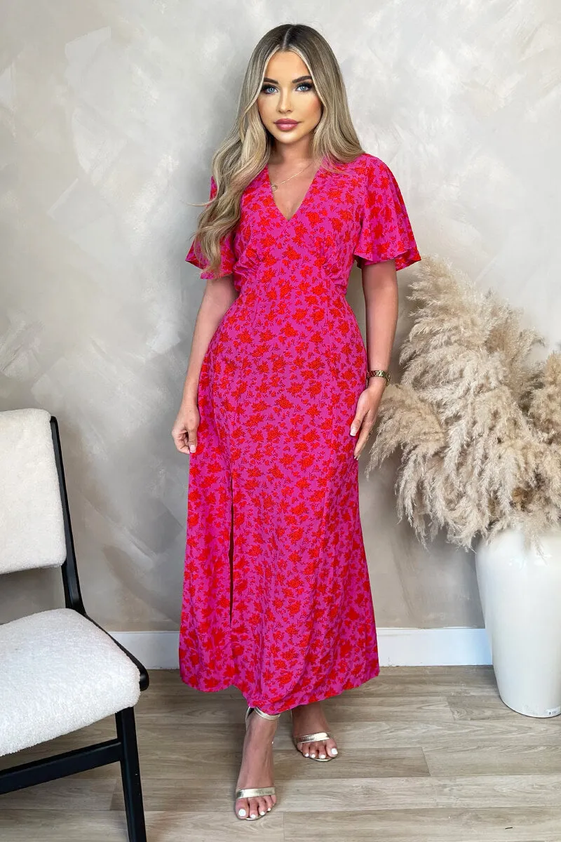 Pink And Red Floral Printed V-Neck Short Sleeve Midi Dress sold by AX Paris product image thumbnail 2