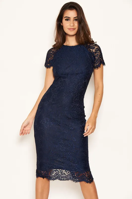 Navy Lace Trim Bodycon Midi Dress sold by AX Paris