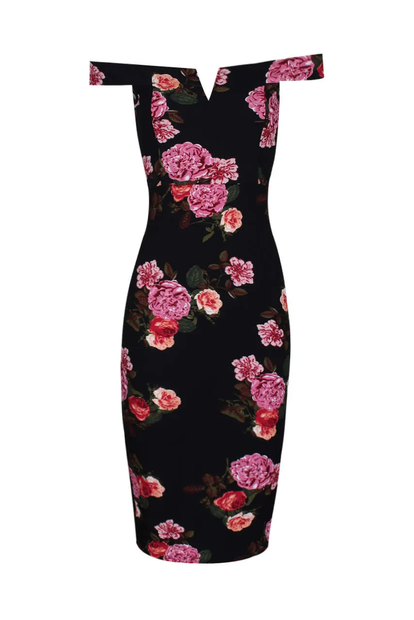 Black Notch Front Off The Shoulder Floral Midi Dress sold by AX Paris product image thumbnail 4