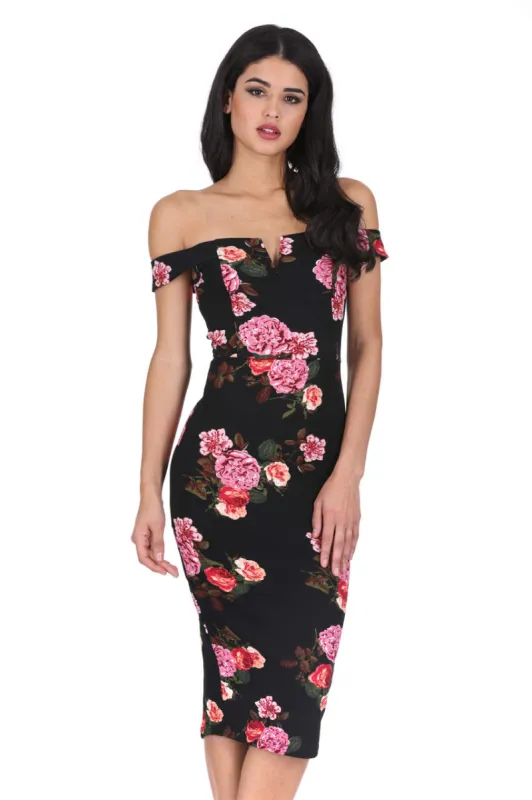 Black Notch Front Off The Shoulder Floral Midi Dress sold by AX Paris