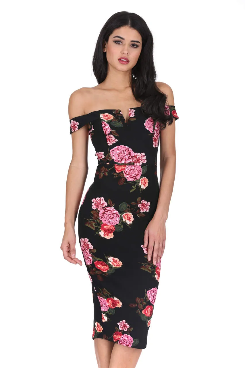 Black Notch Front Off The Shoulder Floral Midi Dress sold by AX Paris