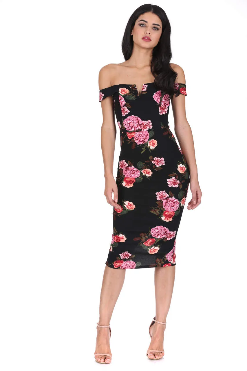 Black Notch Front Off The Shoulder Floral Midi Dress sold by AX Paris product image thumbnail 2
