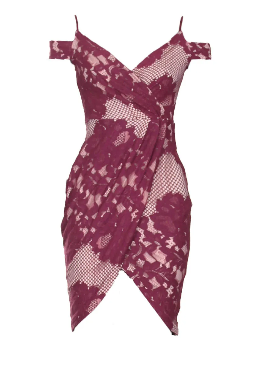 Wine Lace Cold Shoulder Wrap Dress sold by AX Paris product image thumbnail 4