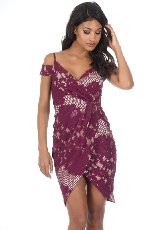 Wine Lace Cold Shoulder Wrap Dress sold by AX Paris