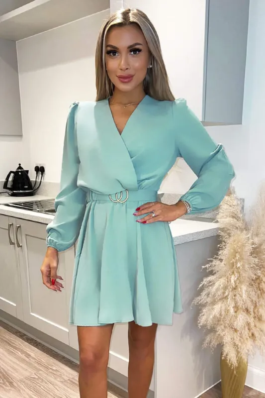 Duck Egg Wrap Over Belted Skater Dress sold by AX Paris