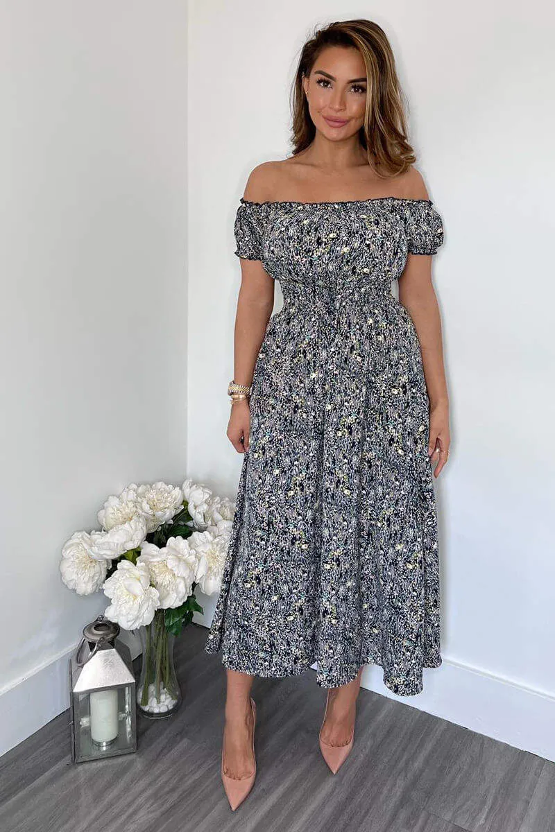 Navy Printed Elasticated Waist Bardot Midi Dress sold by AX Paris product image thumbnail 5