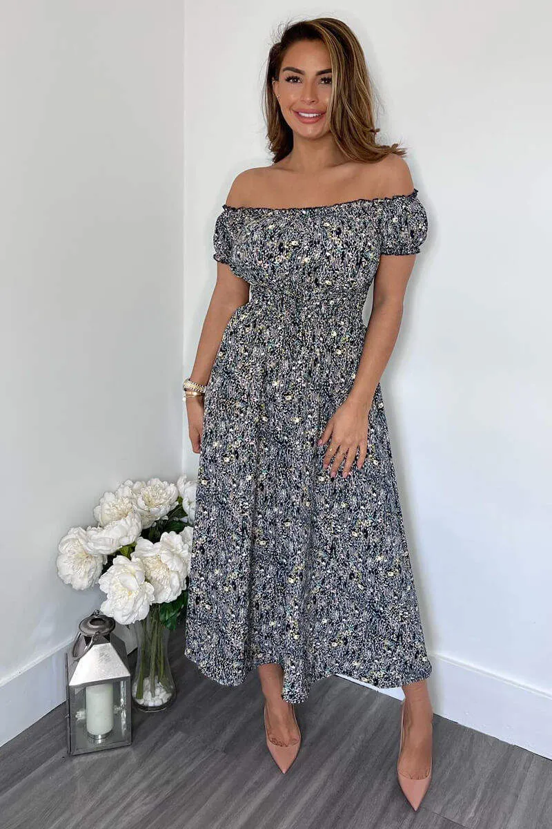 Navy Printed Elasticated Waist Bardot Midi Dress sold by AX Paris product image thumbnail 3