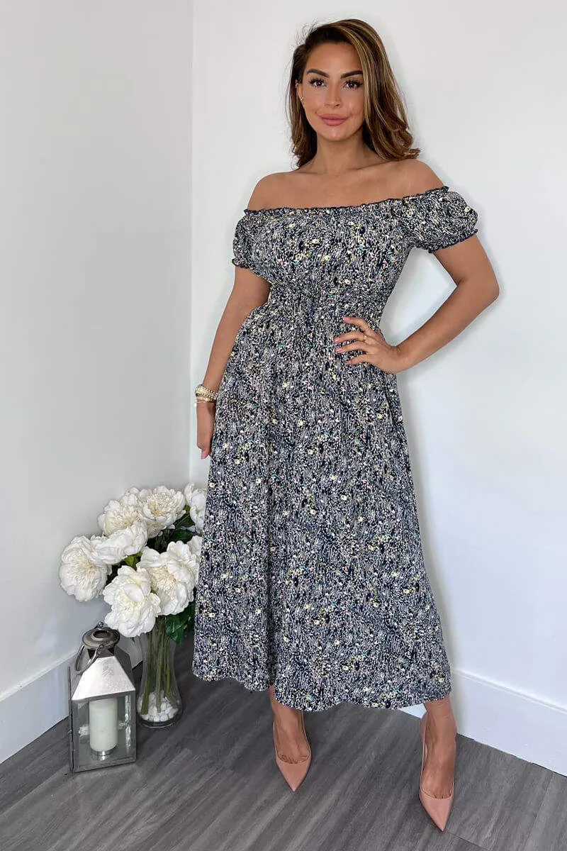 Navy Printed Elasticated Waist Bardot Midi Dress sold by AX Paris product image thumbnail 4
