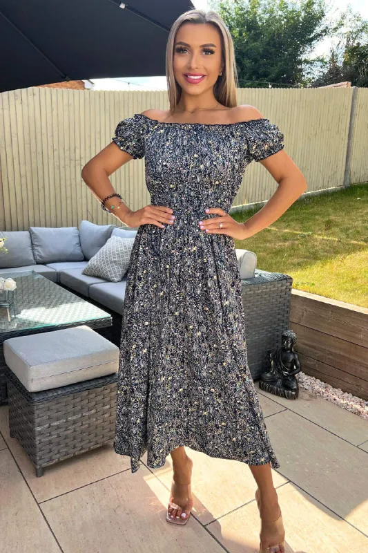 Navy Printed Elasticated Waist Bardot Midi Dress sold by AX Paris