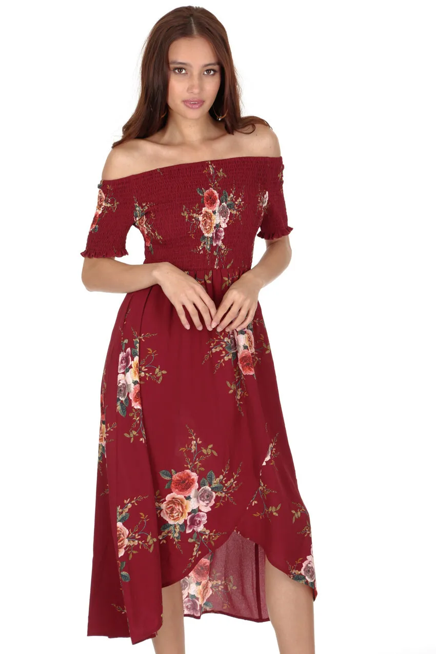 Rust Floral Bardot Printed Dress sold by AX Paris