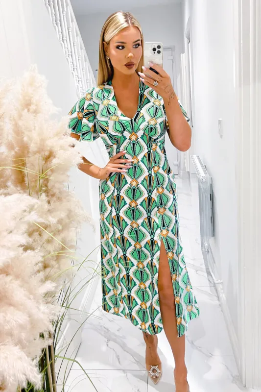 Multi Print V Neck Tie Detail Short Sleeve Midi Dress sold by AX Paris