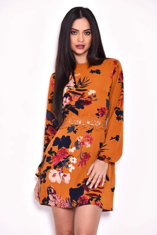 Mustard Floral Crochet Waist Dress sold by AX Paris