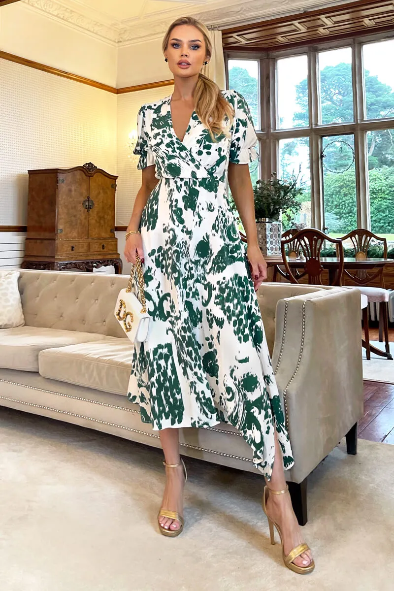 Green And Cream Printed Short Sleeve Wrap Over Midi Dress sold by AX Paris product image thumbnail 2