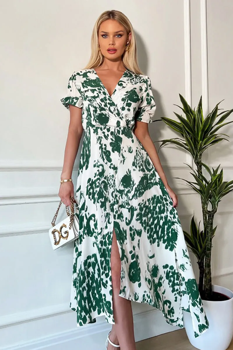 Green And Cream Printed Short Sleeve Wrap Over Midi Dress sold by AX Paris product image thumbnail 3