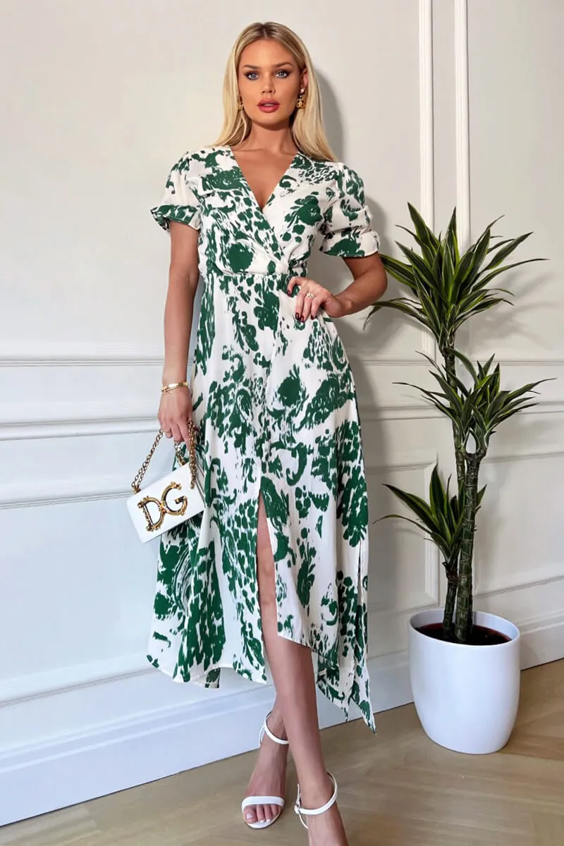 Green And Cream Printed Short Sleeve Wrap Over Midi Dress sold by AX Paris product image thumbnail 4