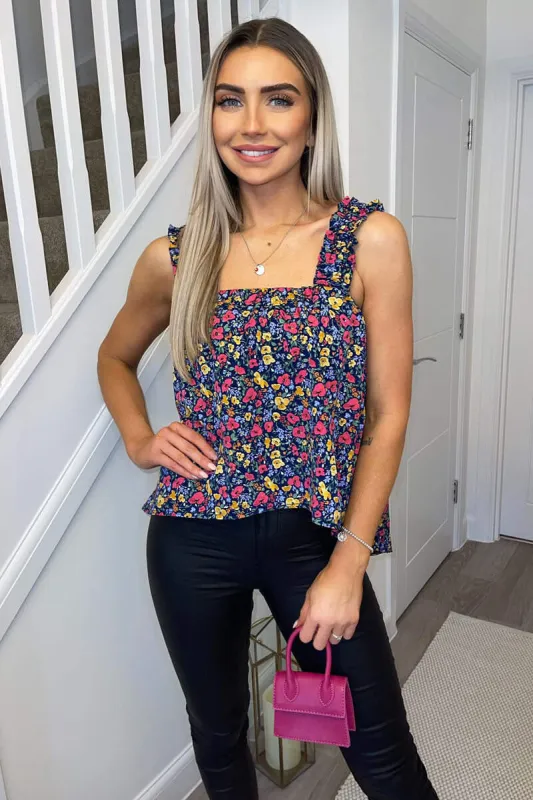 Navy Floral Printed Elasticated Strap Top sold by AX Paris