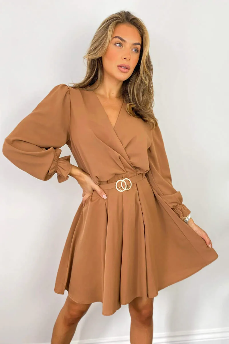 Camel Wrap Over Belted Skater Dress sold by AX Paris product image thumbnail 2