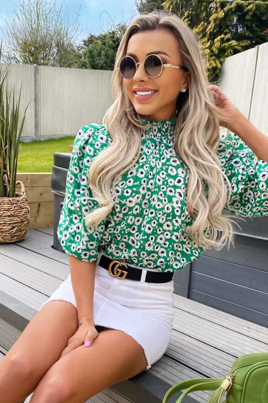 Green Printed Elasticated Neck Top sold by AX Paris