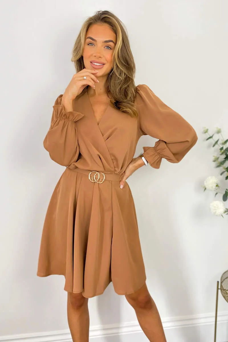 Camel Wrap Over Belted Skater Dress sold by AX Paris
