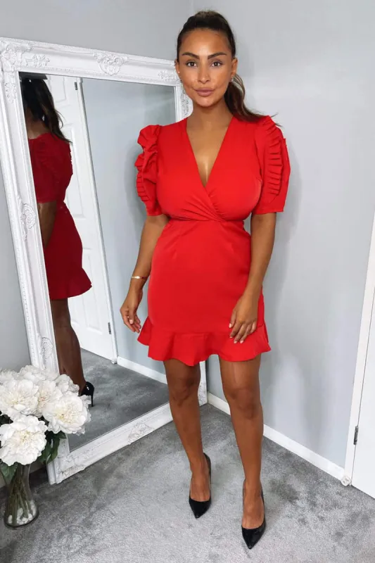 Red Pleated Sleeve Wrap Dress sold by AX Paris