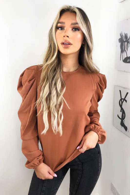 Camel Puff Sleeve Loose Fit Top sold by AX Paris