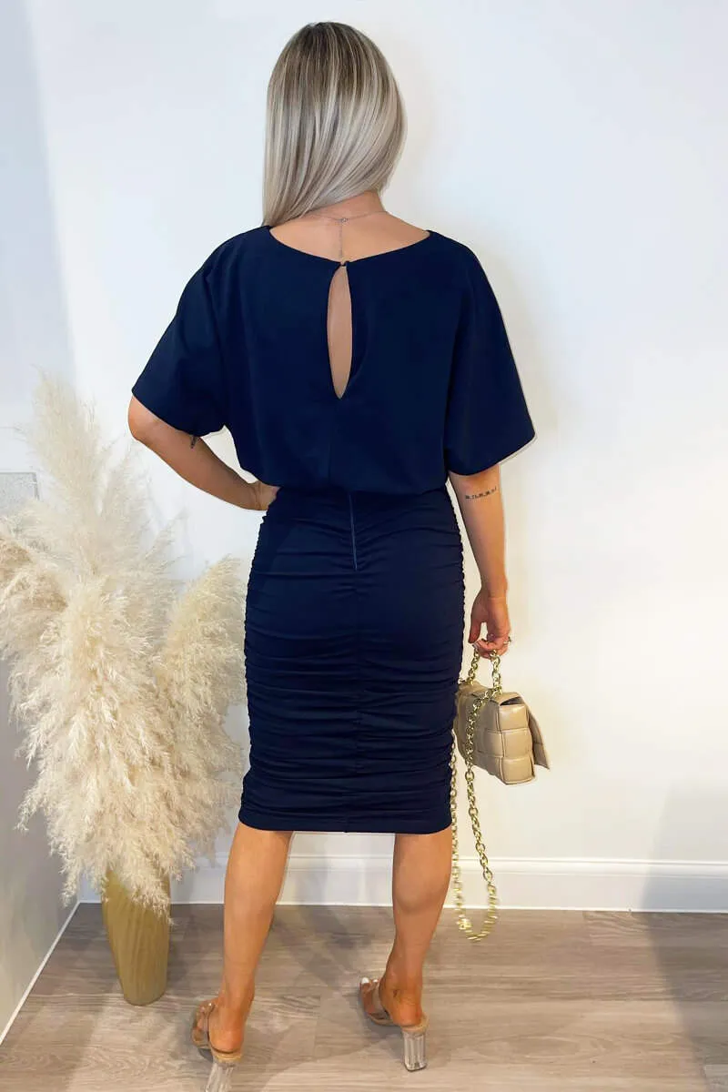 Navy Short Sleeve Side Ruched Midi Dress sold by AX Paris product image thumbnail 4
