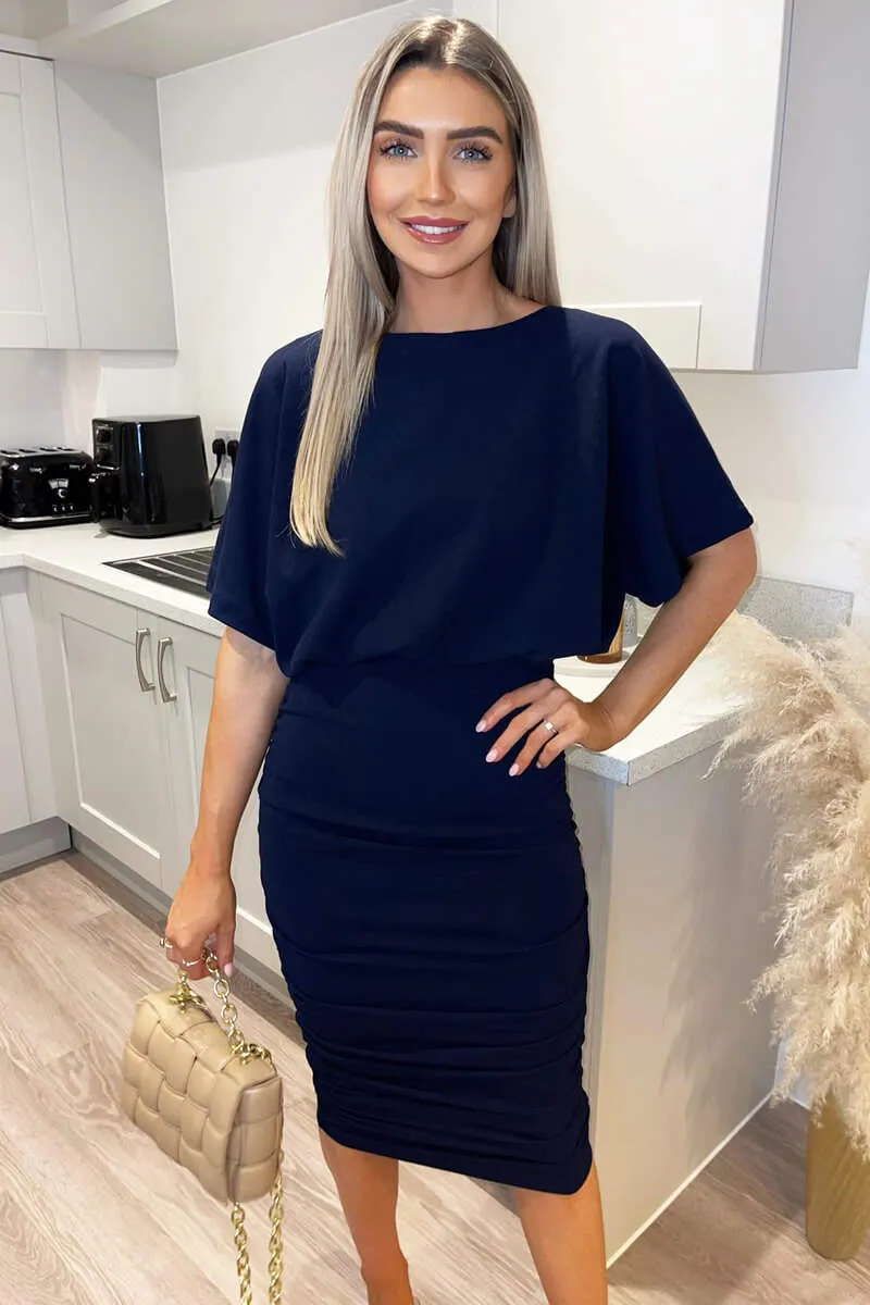 Navy Short Sleeve Side Ruched Midi Dress sold by AX Paris product image thumbnail 2