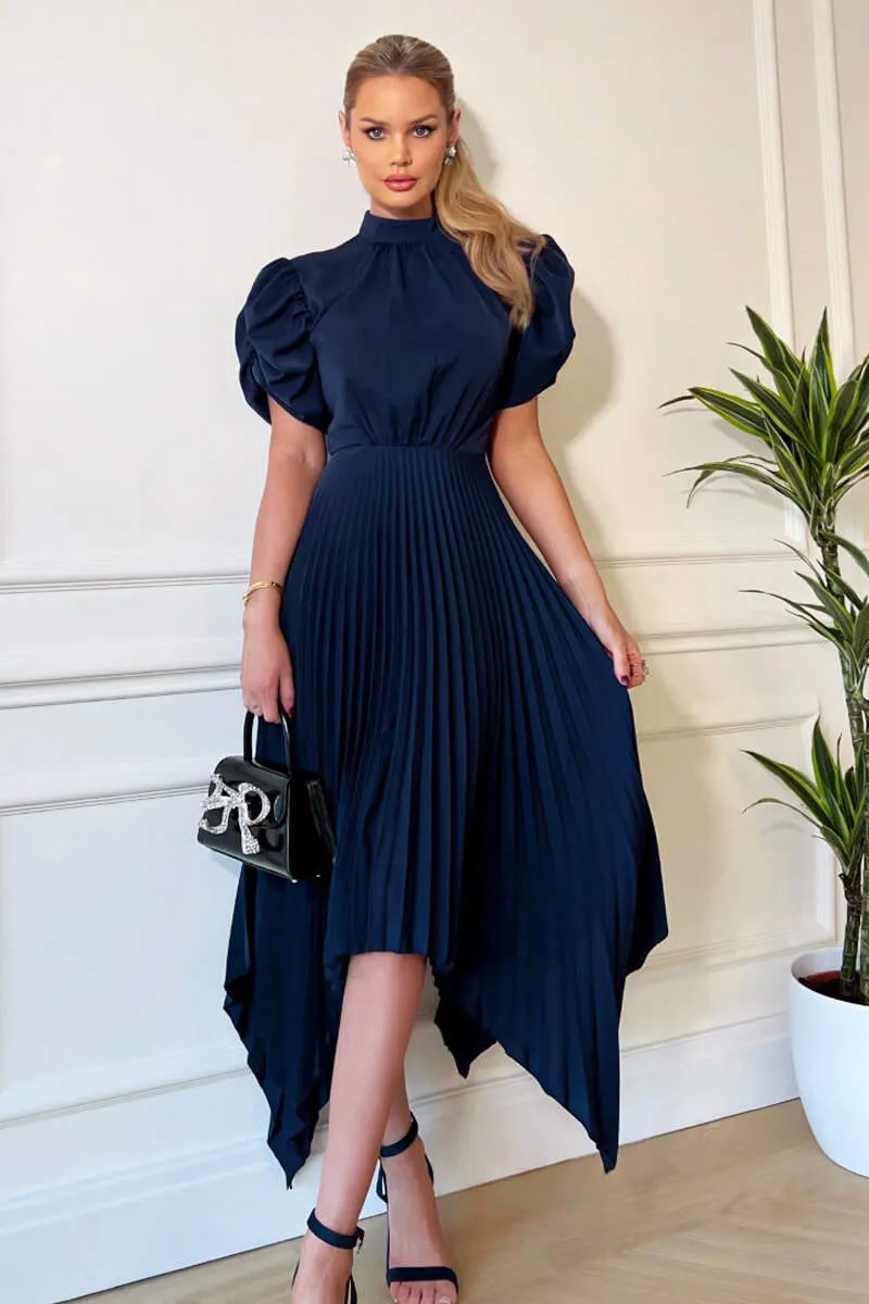 Navy High Neck Puff Sleeve Zig Zag Hem Pleated Midi Dress sold by AX Paris product image thumbnail 4