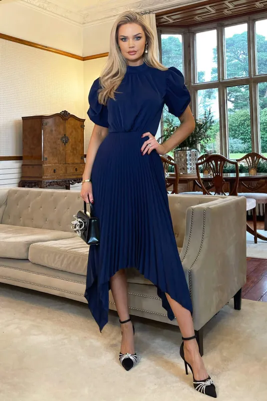 Navy High Neck Puff Sleeve Zig Zag Hem Pleated Midi Dress sold by AX Paris