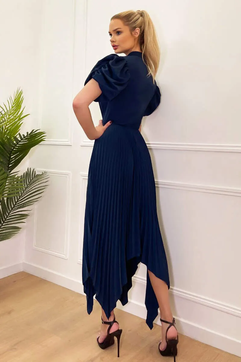 Navy High Neck Puff Sleeve Zig Zag Hem Pleated Midi Dress sold by AX Paris product image thumbnail 5