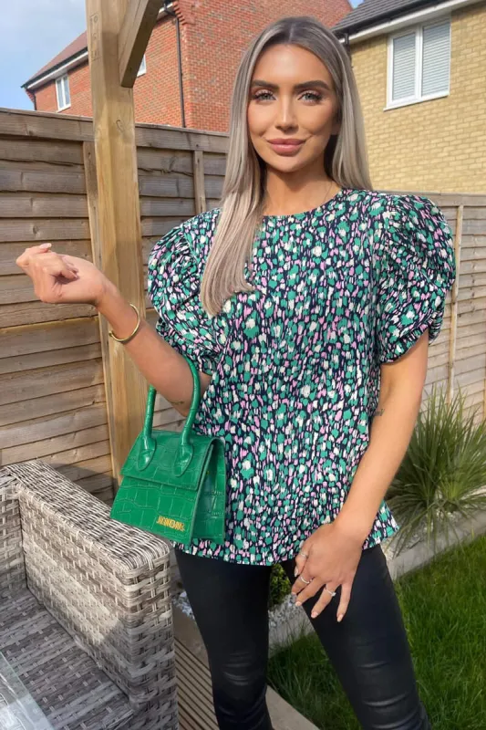 Navy Green And Pink Printed Balloon Sleeve Top sold by AX Paris