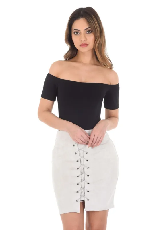 Grey Suede Corset Detail Mini Skirt sold by AX Paris