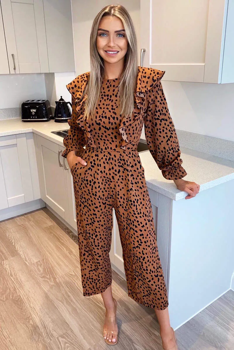 Camel Printed Frill Panel Long Sleeve Jumpsuit sold by AX Paris product image thumbnail 2