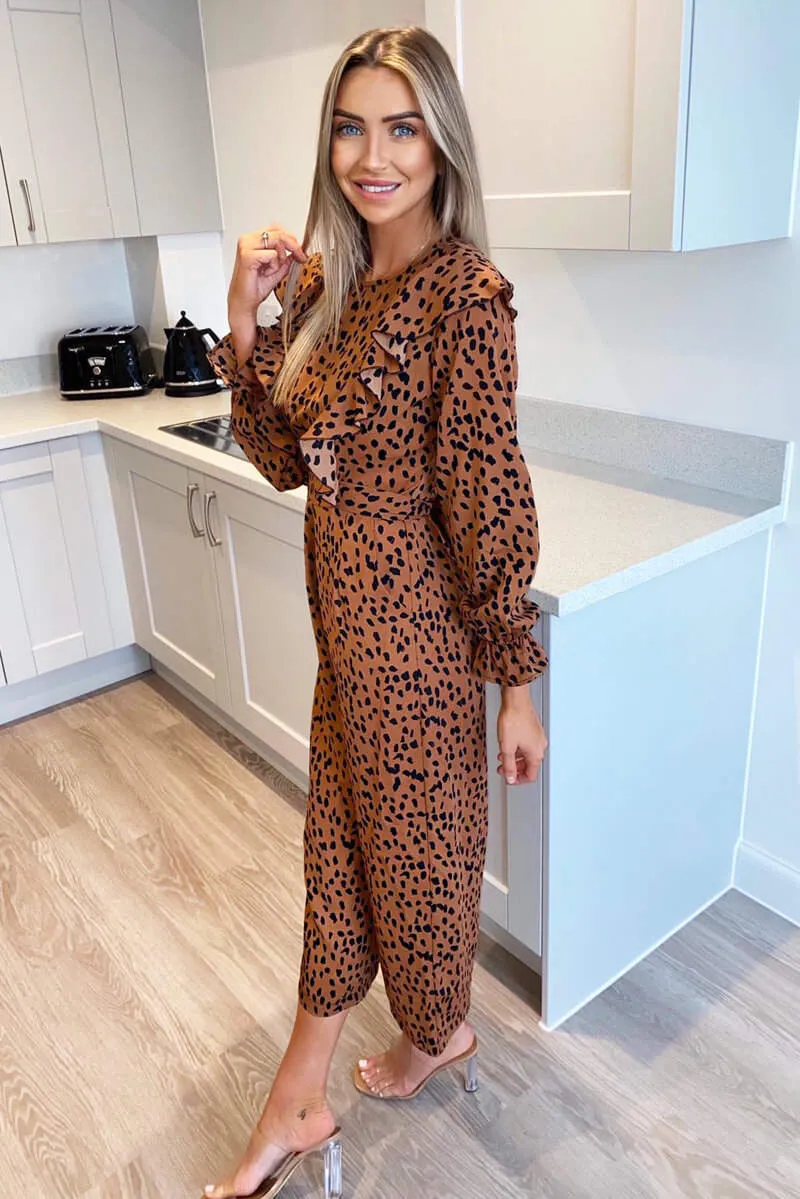 Camel Printed Frill Panel Long Sleeve Jumpsuit sold by AX Paris product image thumbnail 3