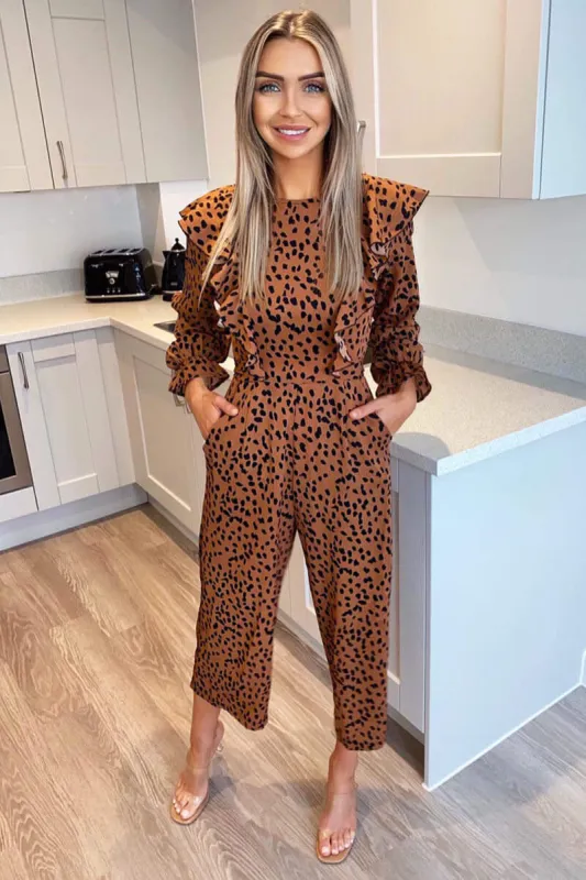 Camel Printed Frill Panel Long Sleeve Jumpsuit sold by AX Paris