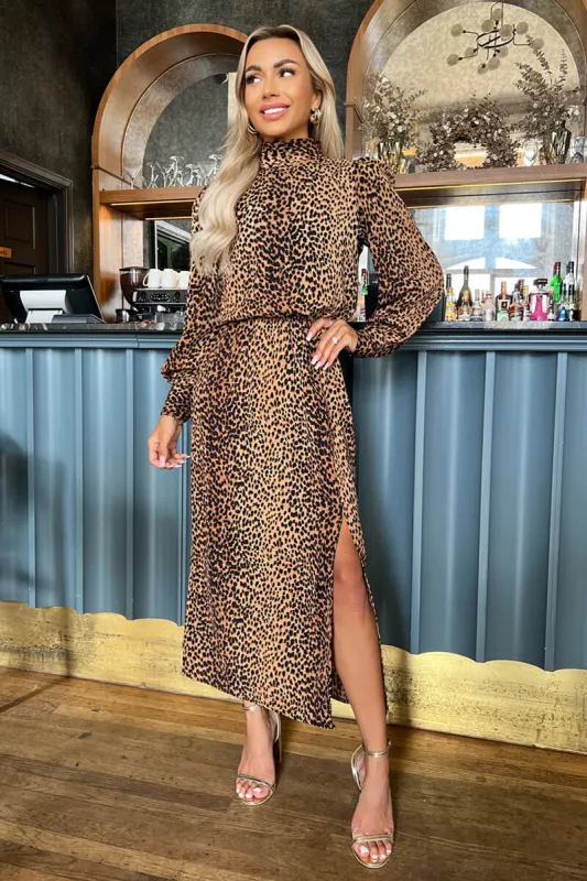 Camel Animal Print High Neck Long Sleeve Midi Dress sold by AX Paris